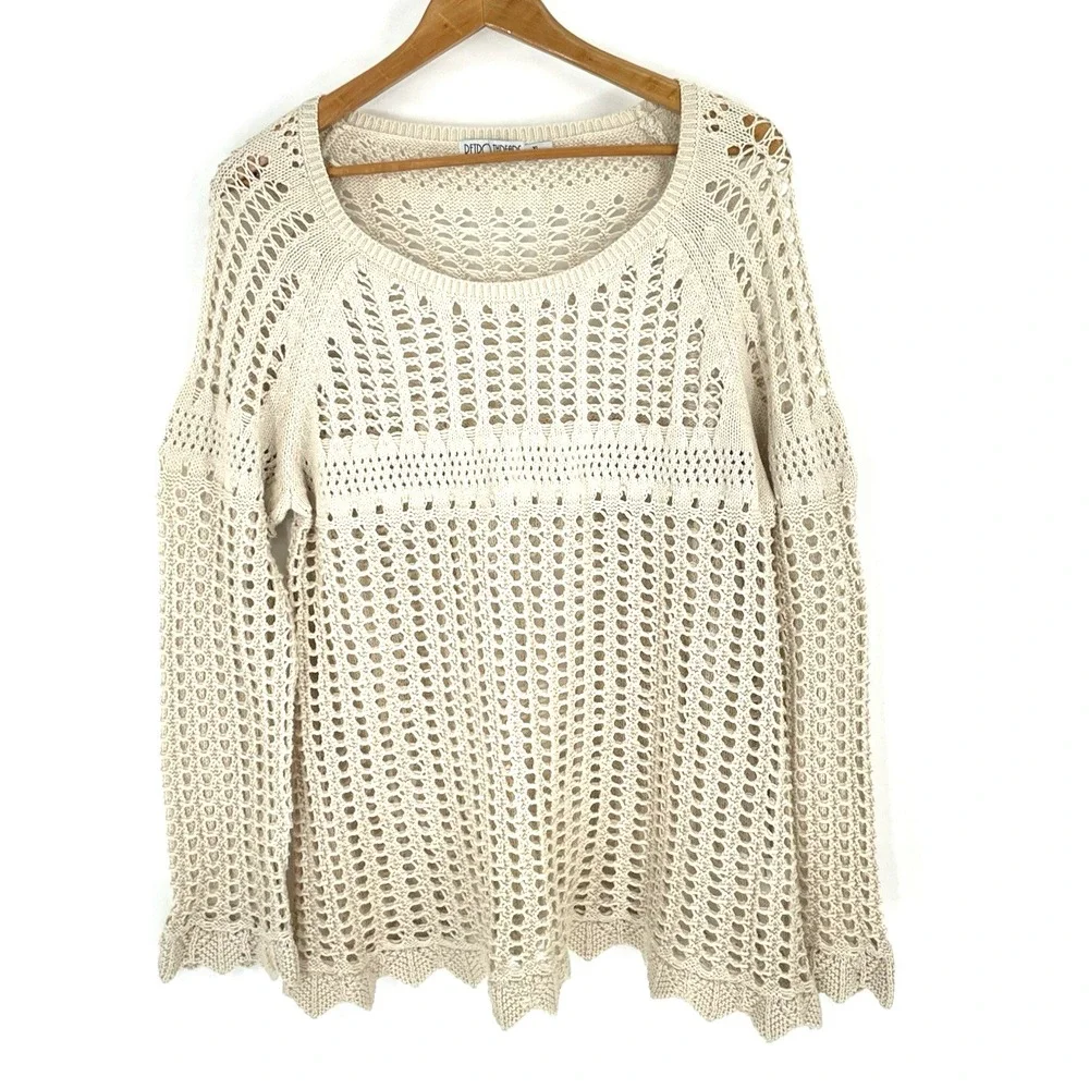Retro Threads Crochet Sweater Womens XL Beige Open Knit Bell Sleeve Boho Hippie - Picture 3 of 10
